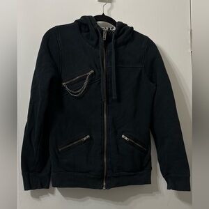 Volcom Black Zippered Hoodie with Black and White Patterned Fabric Lining